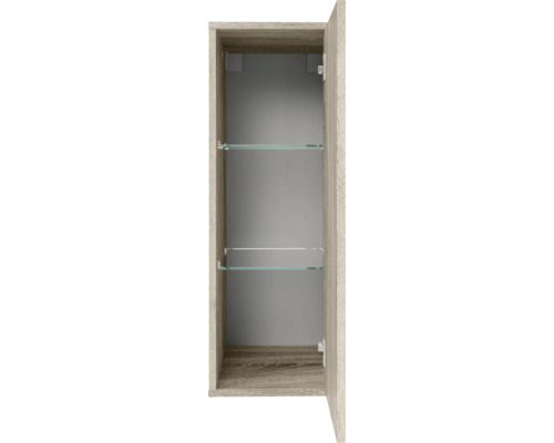 Offener Bad-Hochschrank in Holzoptik mit zwei Glaseinlegeböden.