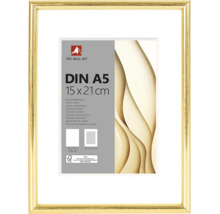 Kunststoffrahmen in Gold mit weißem Passepartout, Format A5, 15 mal 21 Zentimeter.