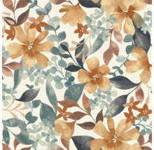 Tapetenmuster mit verschiedenen Blumen und Blättern im künstlerischen Aquarellstil.