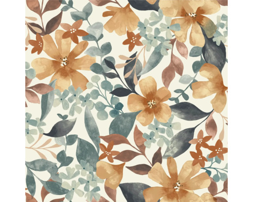 Tapetenmuster mit verschiedenen Blumen und Blättern im künstlerischen Aquarellstil.
