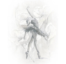 Wandbild mit einer Ballerina in Tutu und Ballettschuhen auf einem Hintergrund mit weichen Blumenmustern.