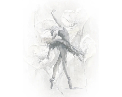 Wandbild mit einer Ballerina in Tutu und Ballettschuhen auf einem Hintergrund mit weichen Blumenmustern.