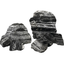 Zebra-Stein, dekorativer Naturstein mit schwarz-weißer Streifung für Aquarien oder Garten.