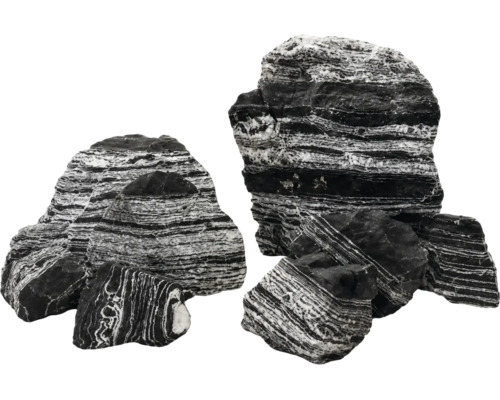Zebra-Stein, dekorativer Naturstein mit schwarz-weißer Streifung für Aquarien oder Garten.
