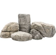 Künstliche Felsen zur Dekoration von Garten oder Teich, verschiedene Formen und Größen mit strukturierter Oberfläche.