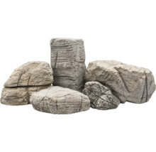 Set aus strukturierten Dekosteinen in verschiedenen Größen für den Garten oder das Aquarium.