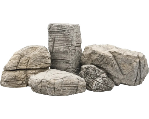Set aus strukturierten Dekosteinen in verschiedenen Größen für den Garten oder das Aquarium.