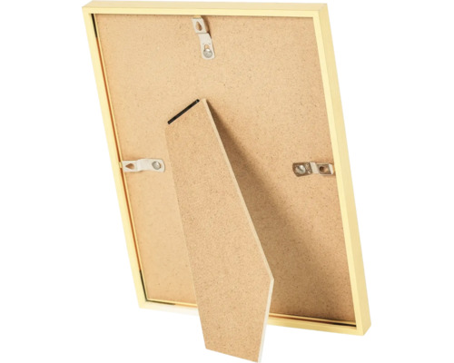 Rückansicht eines Bilderrahmens mit MDF-Rückwand, integriertem Aufsteller und Metall-Aufhängern.