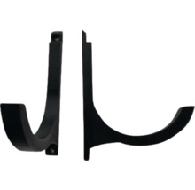 Schwarzer Dachrinnenhalter aus Kunststoff, Ansicht von vorne und von der Seite.