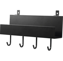 Schwarze Wandablage aus Metall mit vier integrierten Haken für Schlüssel oder Accessoires.
