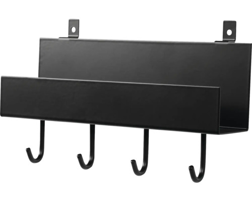 Schwarze Wandablage aus Metall mit vier integrierten Haken für Schlüssel oder Accessoires.