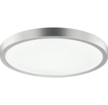 Flache, runde LED-Deckenleuchte mit silberfarbenem Rahmen.