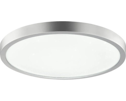 Flache, runde LED-Deckenleuchte mit silberfarbenem Rahmen.