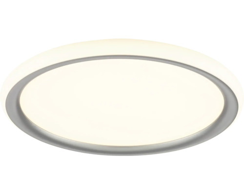 Runde LED Deckenleuchte in flachem Design mit grauem Rahmen und weißer Leuchtfläche.
