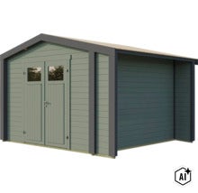 Gartenhaus aus Holz mit Doppeltür, Fenstersegmenten und Satteldach (Image AI modified or generated)