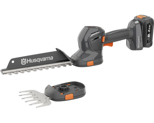 Husqvarna Akku-Gras- und Strauchschere Aspire S20 mit 18 Volt Akku und zwei wechselbaren Schneidaufsätzen für die Gartenpflege.