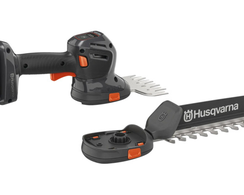Husqvarna Akku-Gras- und Strauchschere Aspire mit wechselbaren Aufsätzen für Gras und Hecke.