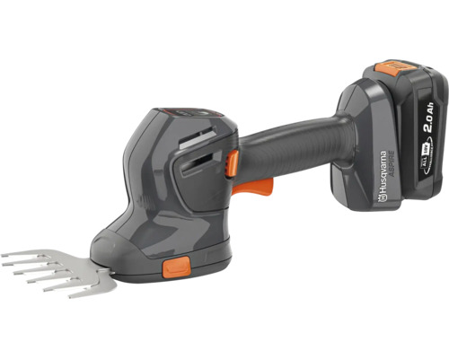 Husqvarna Aspire S20 Akku-Grasschere inklusive 18 Volt 2,0 Amperestunden Akku, Handgerät mit Metallschneide und orangefarbenen Elementen.