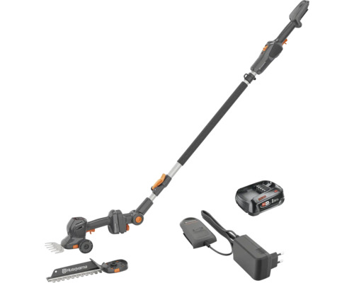 Husqvarna Akku-Gras- und Strauchschere mit Teleskopstiel, zwei Aufsätzen, Bosch 18 Volt 2,0 Amperestunden Akku und Ladegerät.