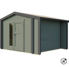 Modernes Gartenhaus aus Holz mit Satteldach, Doppeltür und Glaseinsatz. (Image AI modified or generated)