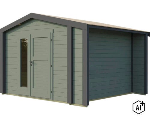 Modernes Gartenhaus aus Holz mit Satteldach, Doppeltür und Glaseinsatz. (Image AI modified or generated)