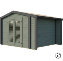 Modernes Gartenhaus aus Holz mit Satteldach und Doppelflügeltür mit Lamelleneinsätzen. (Image AI modified or generated)