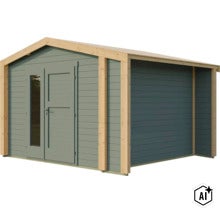 Gartenhaus aus Holz mit Pultdach, Doppeltür mit Glaseinsatz und Blockbohlenbauweise. (Image AI modified or generated)