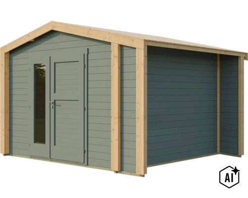 Gartenhaus aus Holz mit Pultdach, Doppeltür mit Glaseinsatz und Blockbohlenbauweise. (Image AI modified or generated)