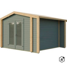 Modernes Gartenhaus aus Holz mit Doppeltür, Lamellenfenstern und Satteldach, ideal als Werkzeugschuppen oder Gerätehaus. (Image AI modified or generated)