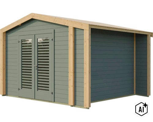 Modernes Gartenhaus aus Holz mit Doppeltür, Lamellenfenstern und Satteldach, ideal als Werkzeugschuppen oder Gerätehaus. (Image AI modified or generated)