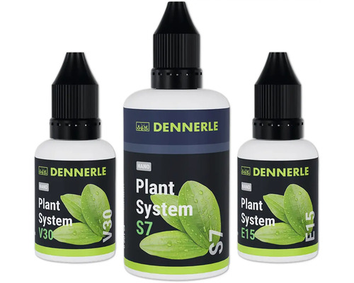 Dennerle Nano Plant System Set bestehend aus V30, S7 und E15 Pflanzendünger für das Aquarium in Tropfflaschen.