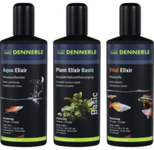 Drei Flaschen Dennerle Aquarienpflege: Aqua Elixir Wasseraufbereiter, Plant Elixir Basic Nährstoffversorgung und Vital Elixir Vitalstoffe.