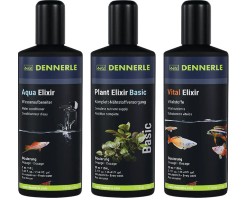 Drei Flaschen Dennerle Aquarienpflege: Aqua Elixir Wasseraufbereiter, Plant Elixir Basic Nährstoffversorgung und Vital Elixir Vitalstoffe.