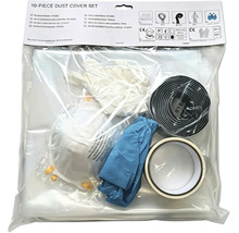 Zehnteiliges Staubschutzset für Renovierungen mit Atemschutzmaske, Handschuhen, Klebeband und Überschuhen in Klarsichtverpackung.