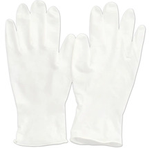 Weiße Einweghandschuhe aus dünnem und flexiblem Material für Haushalt und Handwerk.