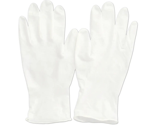 Weiße Einweghandschuhe aus dünnem und flexiblem Material für Haushalt und Handwerk.