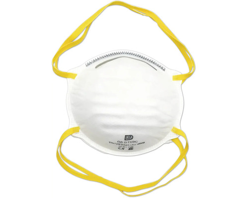 Weiße, schalenförmige Feinstaubmaske mit metallischem Nasenbügel und zwei gelben elastischen Kopfbändern.