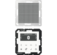 Jung Smart-Home-Display mit Bluetooth-Funktion und Montagerahmen aus Metall.