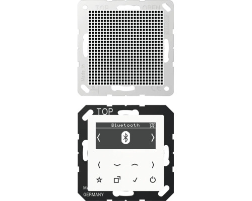 Jung Smart-Home-Display mit Bluetooth-Funktion und Montagerahmen aus Metall.