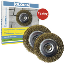 Zwei runde Gloria Stahldrahtbürsten zur Fugenreinigung im Zweierpack mit Verpackung.