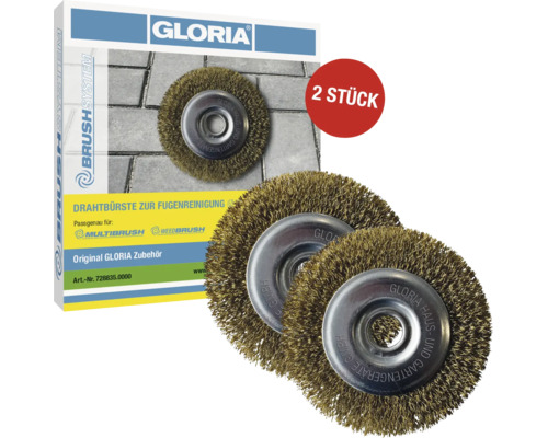 Zwei runde Gloria Stahldrahtbürsten zur Fugenreinigung im Zweierpack mit Verpackung.