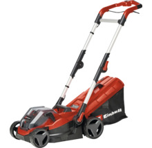 Einhell Akku-Rasenmäher mit Grasfangsack und verstellbarem Führungsholm.