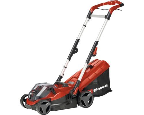Einhell Akku-Rasenmäher mit Grasfangsack und verstellbarem Führungsholm.