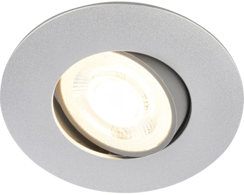 Runder LED Einbaustrahler in Metalloptik, schwenkbar zur Deckenbeleuchtung.