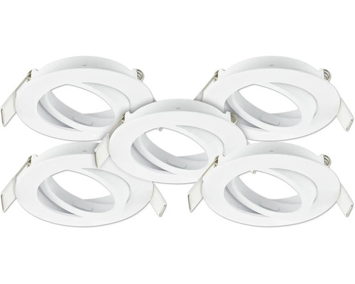 Fünf runde Einbaustrahler für die Deckenmontage aus Metall mit Klemmfedern.