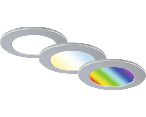 Drei runde LED Einbaustrahler mit flachem Design für Deckenmontage