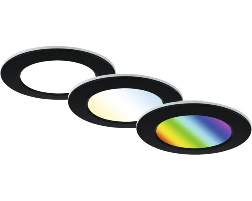 Set aus drei runden LED Einbaustrahlern mit Rahmen in moderner Optik zur Deckenbeleuchtung.