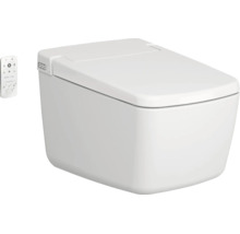 Wandhängendes Dusch-WC in Weiß mit geschlossenem Deckel und Fernbedienung.