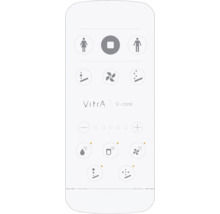 VitrA V-care Logo auf Fernbedienung für Dusch-WCs mit Symbolen für Reinigung, Temperatur in Grad Celsius und Düseneinstellungen.