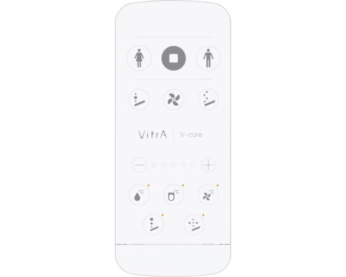 VitrA V-care Logo auf Fernbedienung für Dusch-WCs mit Symbolen für Reinigung, Temperatur in Grad Celsius und Düseneinstellungen.
